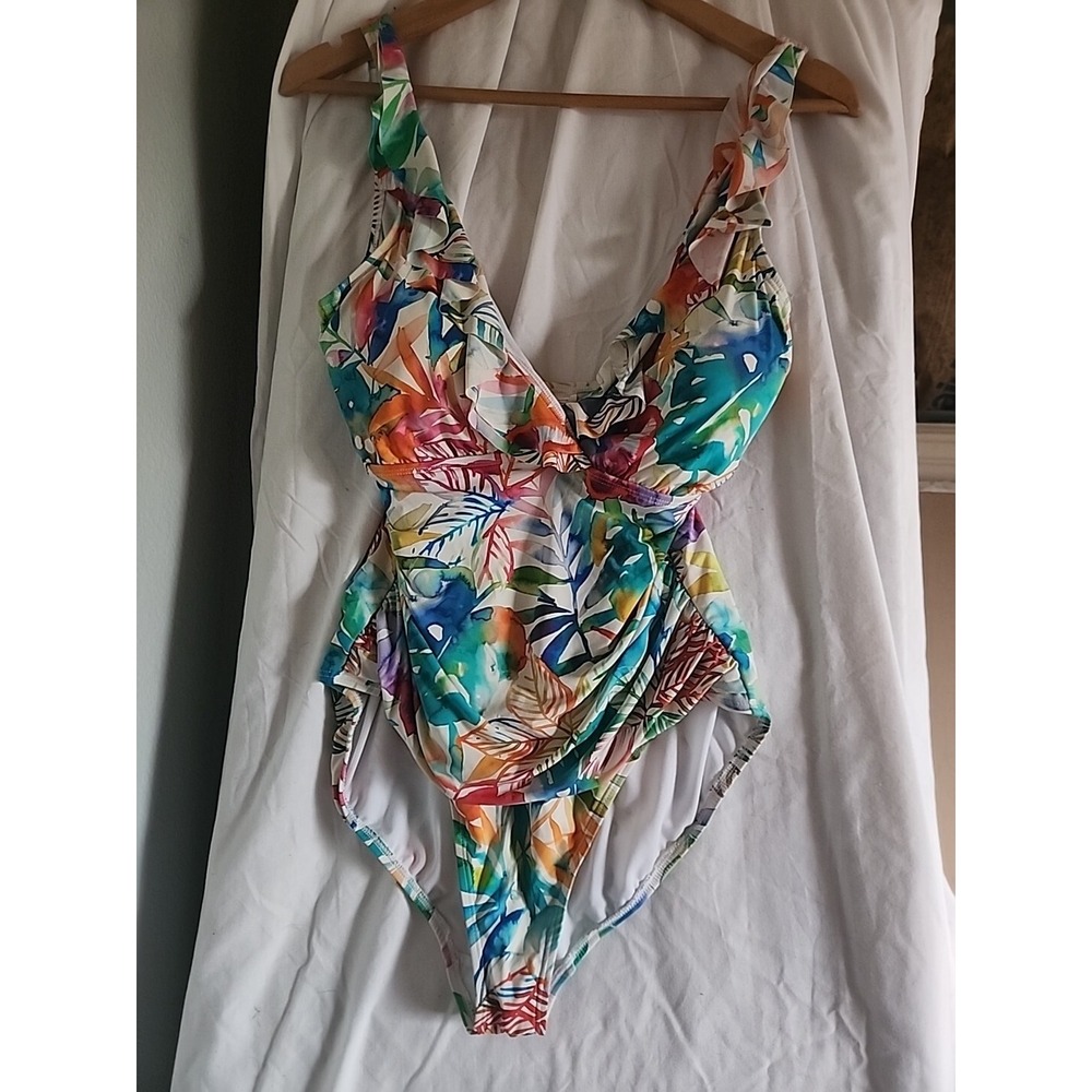 Ralph Lauren Womens Surplice  Ruffled Floral One Piece Swimsuit Size 14‎ Multi